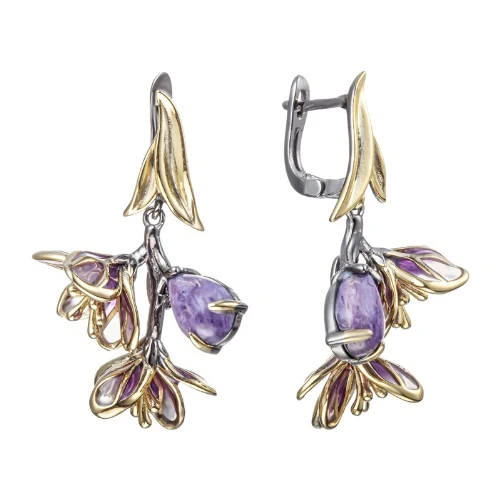 Серьги (925) чароит, эмаль