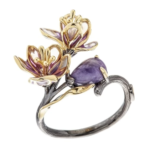 Кольцо (925) чароит, эмаль