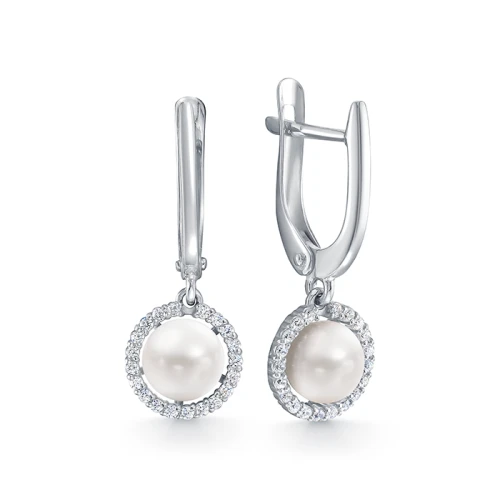 Серьги из серебра 925 пробы с жемчугом и фианитами