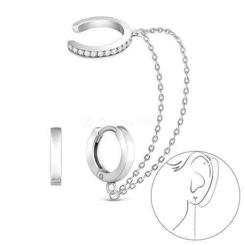 Серьги каффы из серебра 925 пробы с фианитами