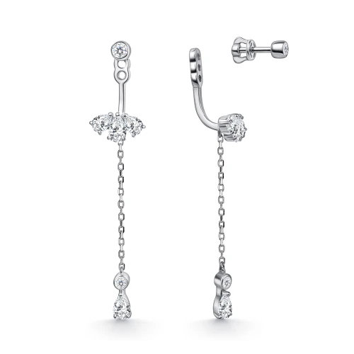 Серьги джекеты из серебра 925 пробы с фианитами