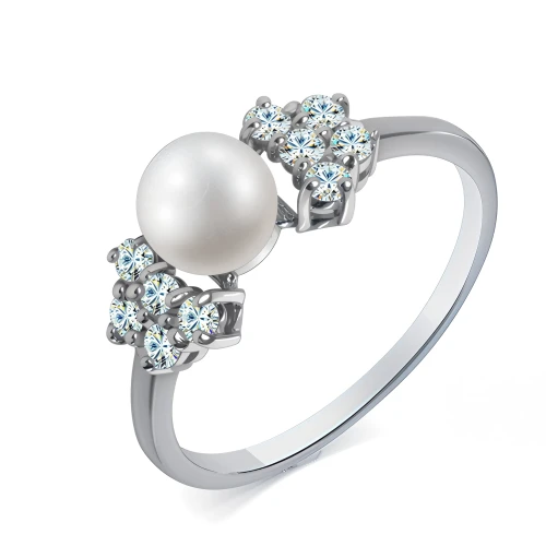 Кольцо из серебра 925 пробы с искусственным  жемчугом и фианитами