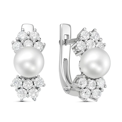 Серьги из серебра 925 пробы с синтетическим жемчугом и фианитами